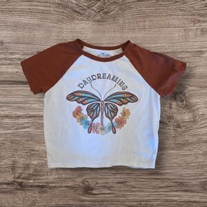 Hollister Baby Tee Butterfly Flowers Basebsll tee Brown White boho 70's style